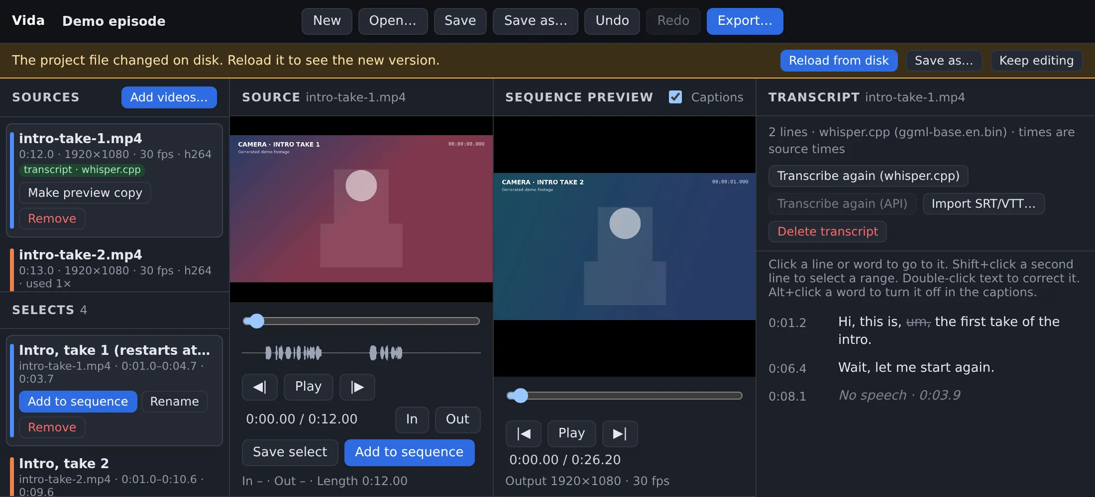 The Vida editor with a yellow bar below the top bar: 'The project file changed on disk. Reload it to see the new version.' Buttons: Reload from disk, Save as, Keep editing. The Selects list shows 4 selects, and the transcript shows 'um' struck through.